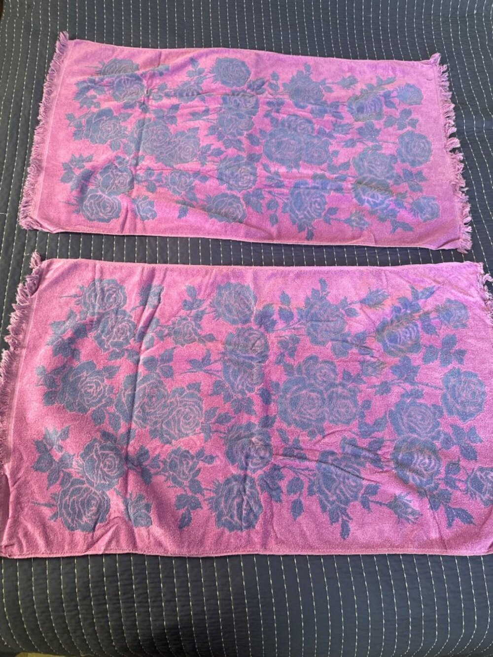 Callaway Purple & Blue Floral Cotton Bath Towels Set Of 2 Fringe Made In USA